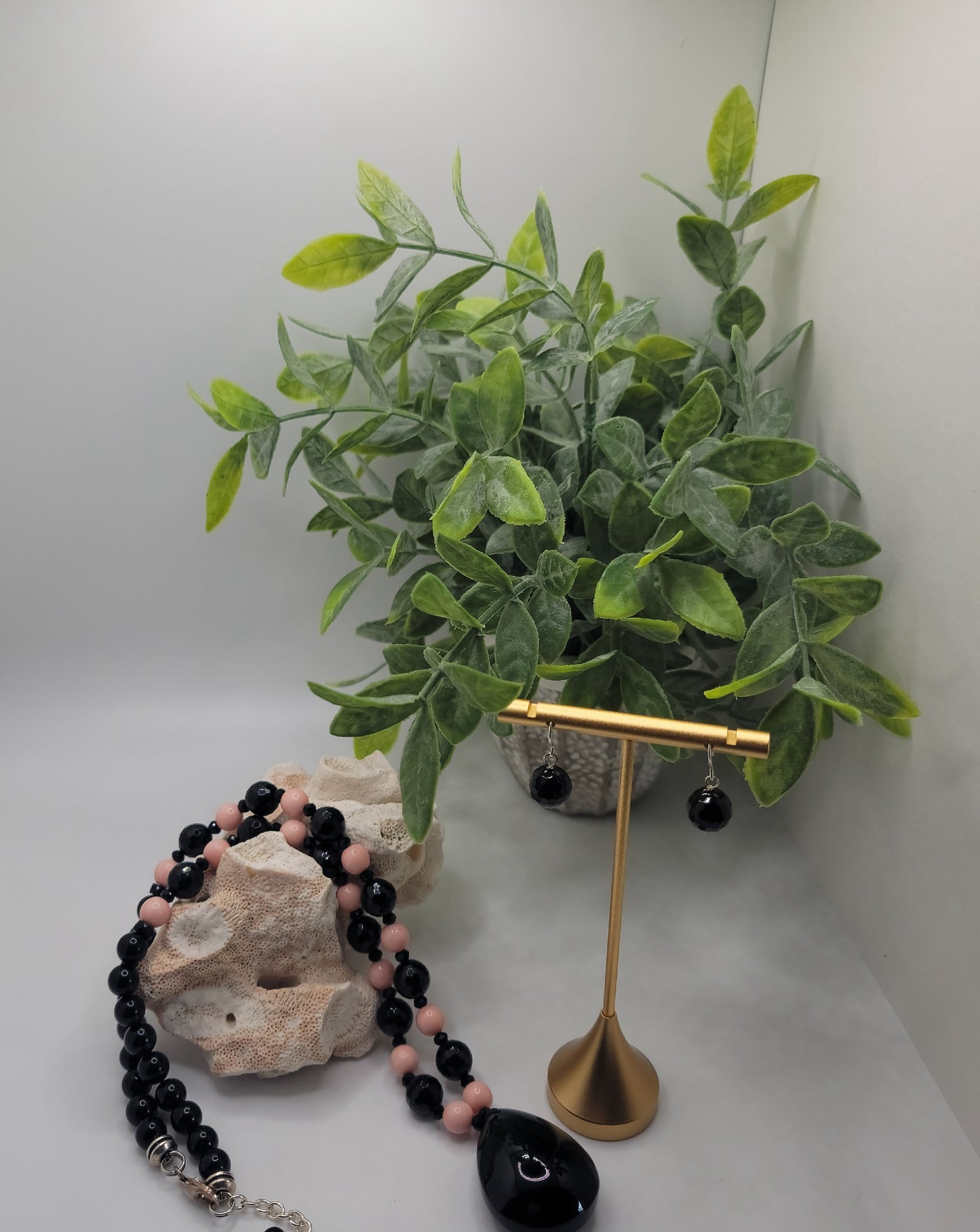 Pink Opal and Black Onyx with Obsidian Pendent Necklace Suite