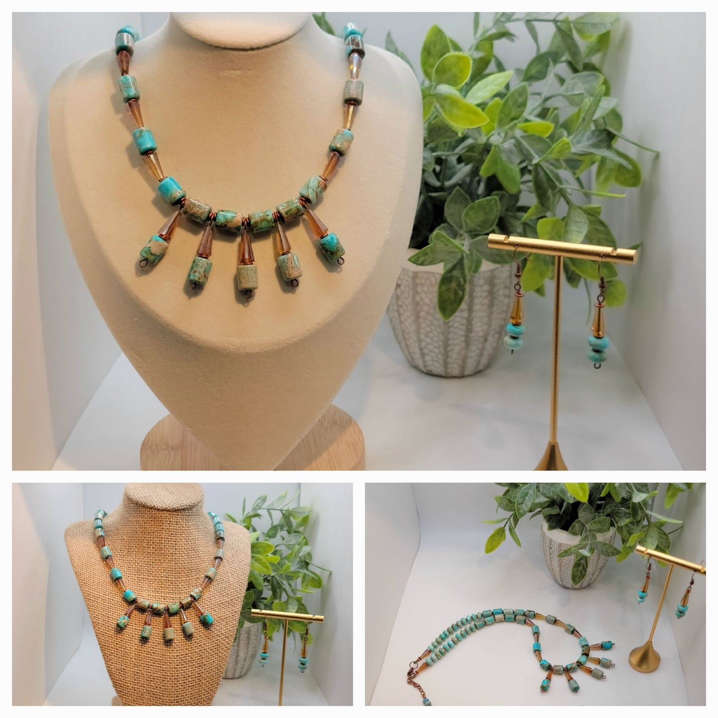 Ocean Blue Impression Jasper and Flute Shaped Crystals Necklace Set