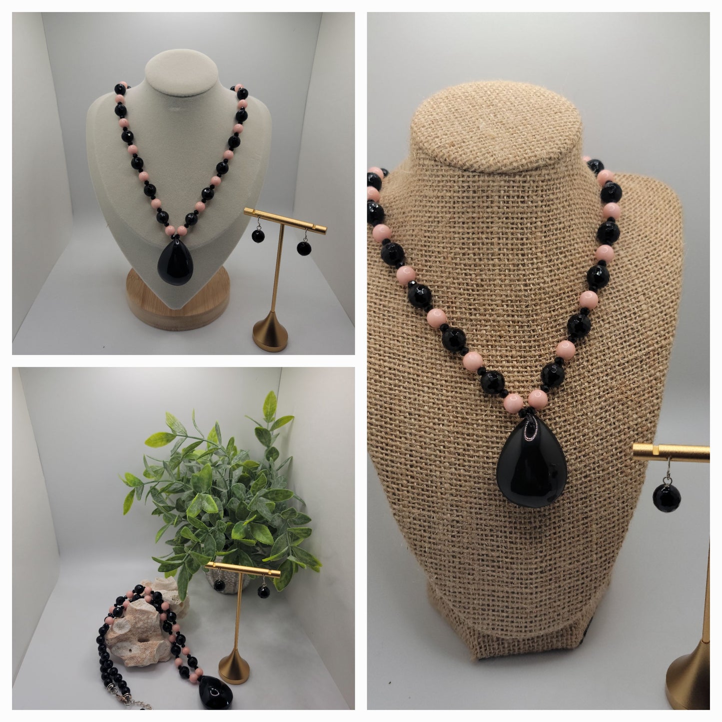 Pink Opal and Black Onyx with Obsidian Pendent Necklace Suite