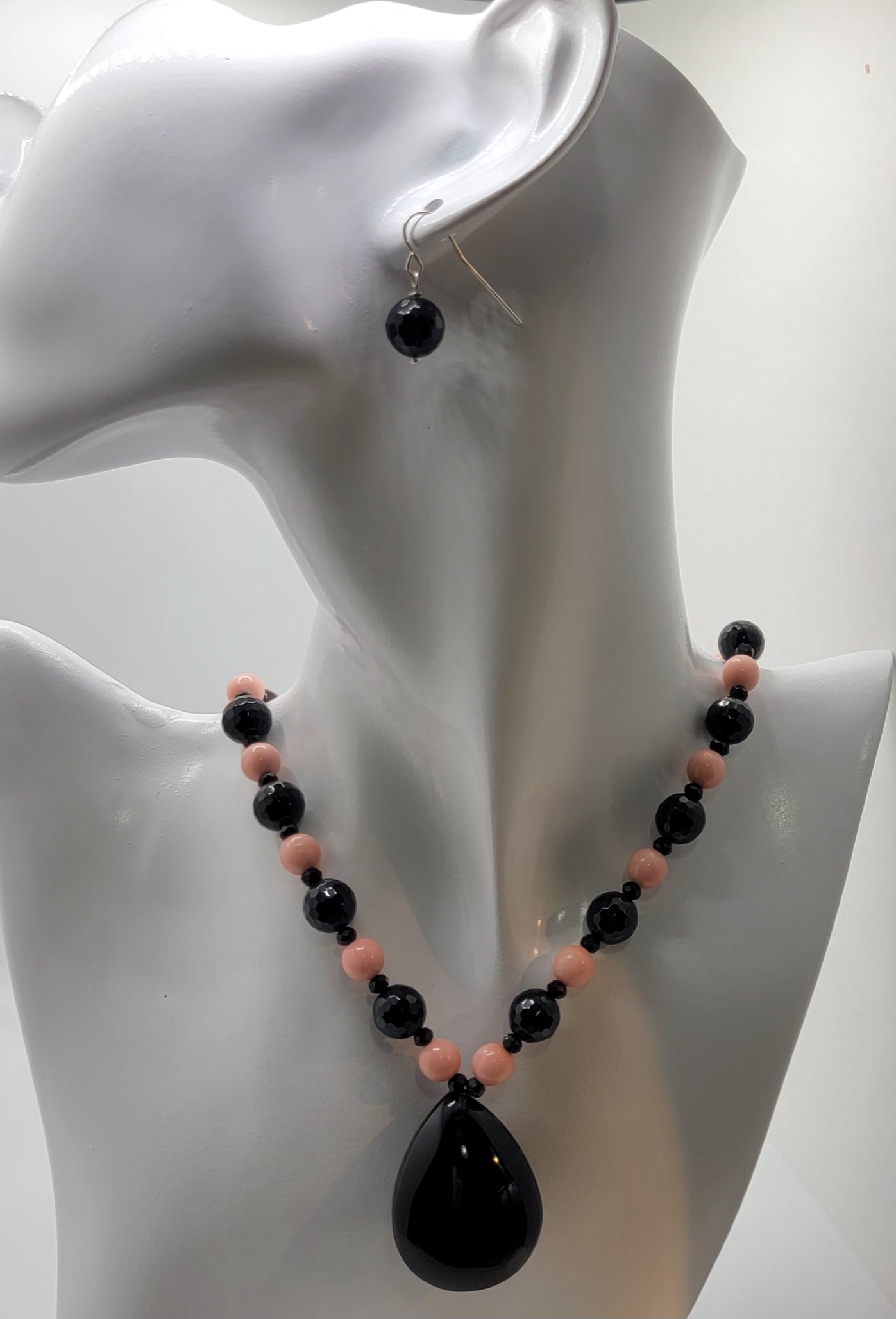 Pink Opal and Black Onyx with Obsidian Pendent Necklace Suite