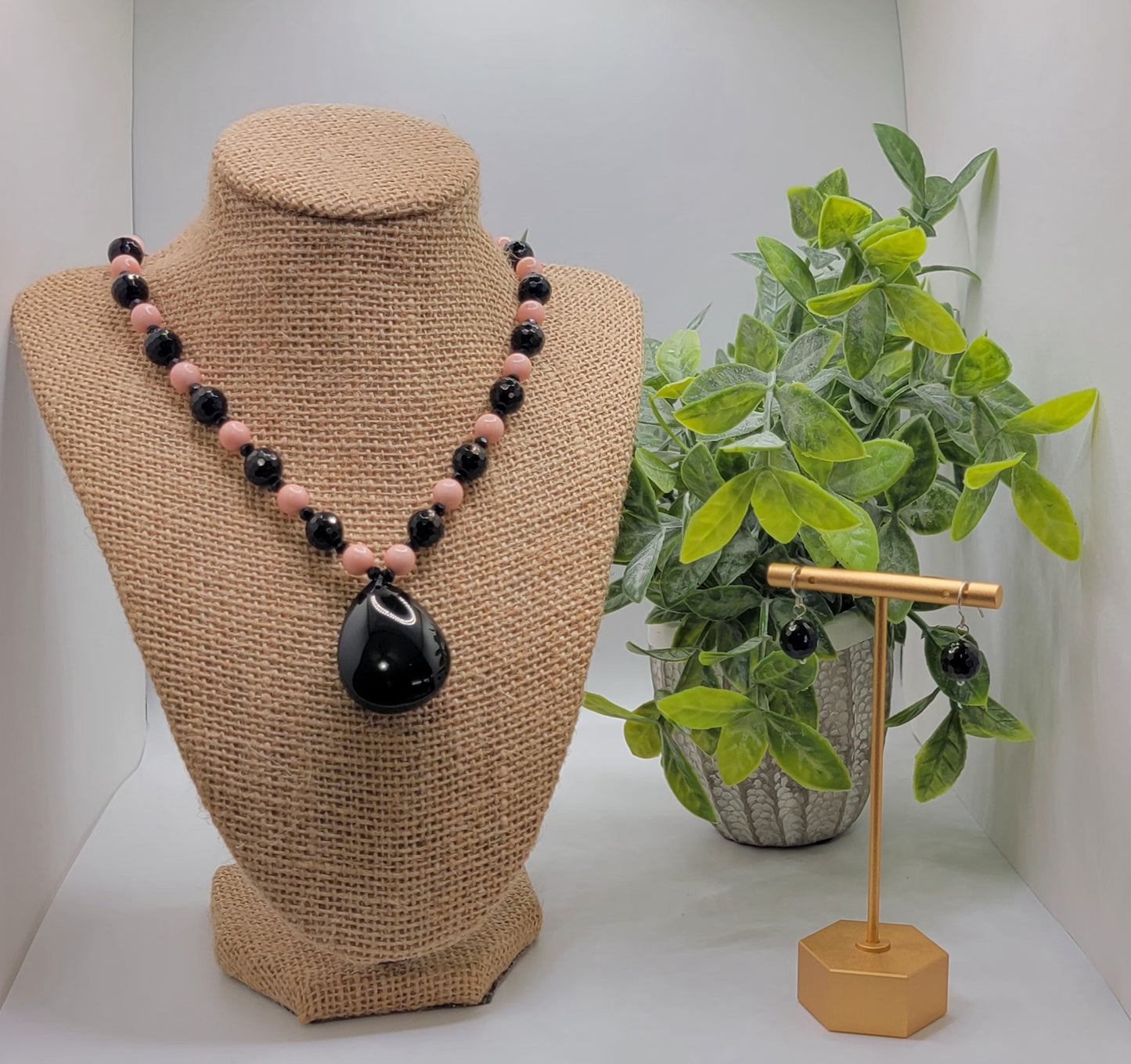 Pink Opal and Black Onyx with Obsidian Pendent Necklace Suite