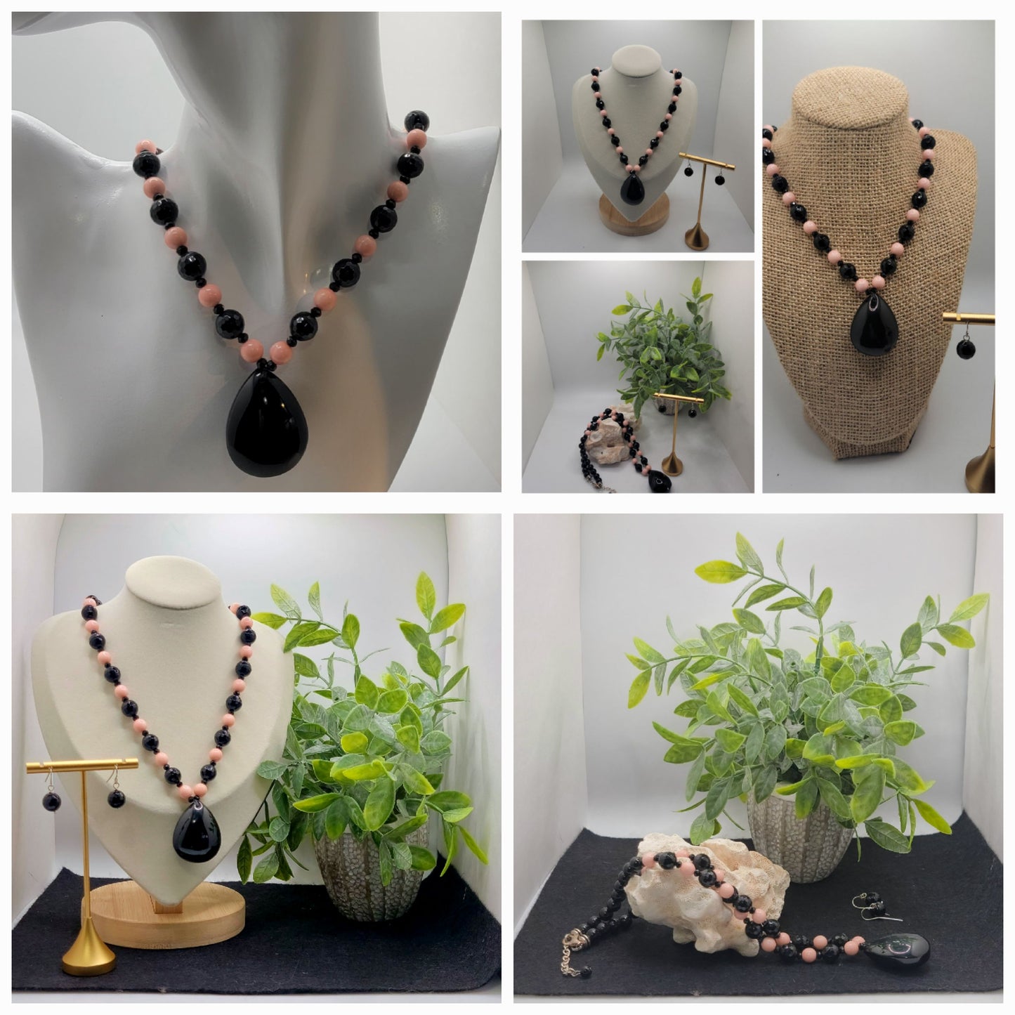 Pink Opal and Black Onyx with Obsidian Pendent Necklace Suite