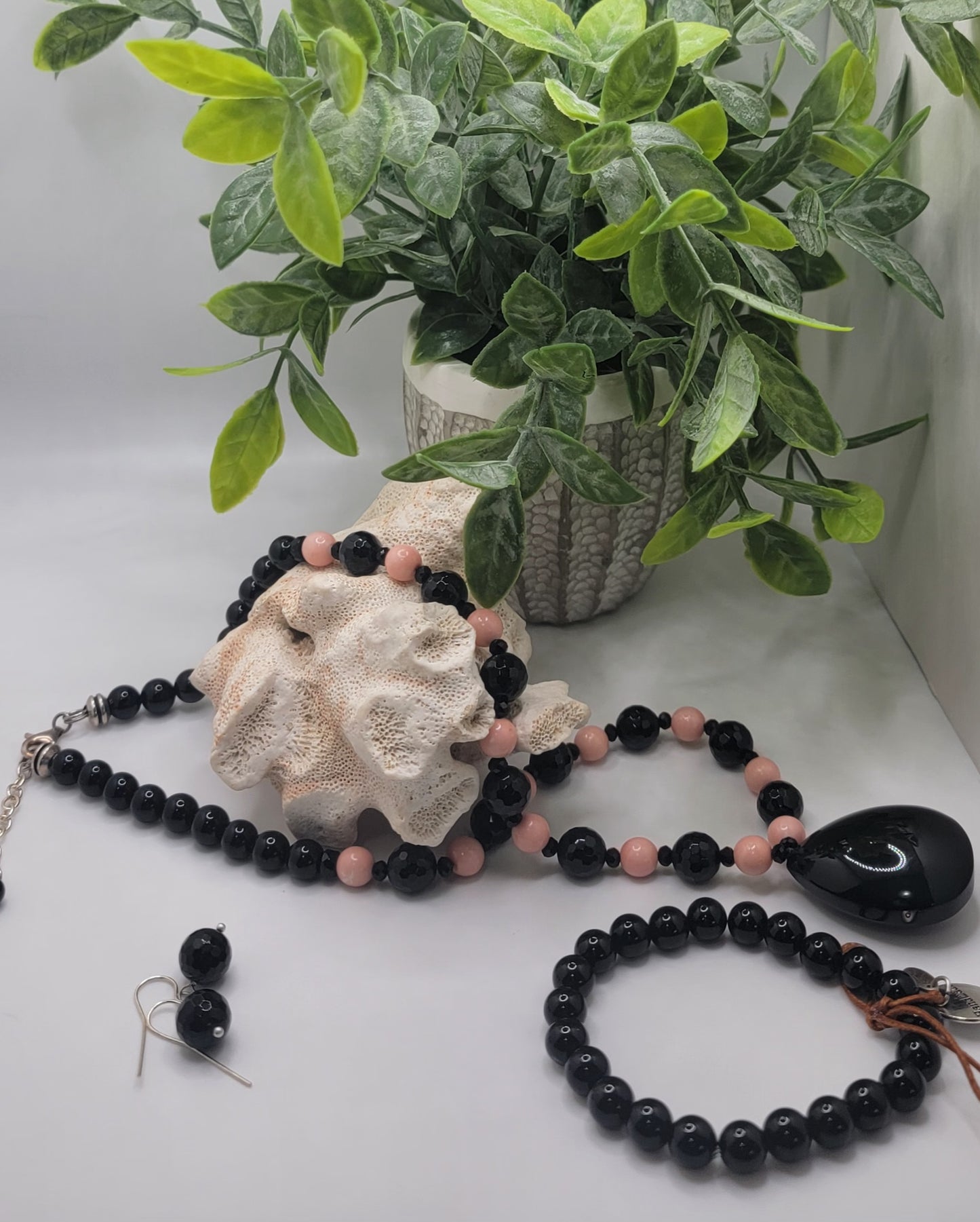 Pink Opal and Black Onyx with Obsidian Pendent Necklace Suite