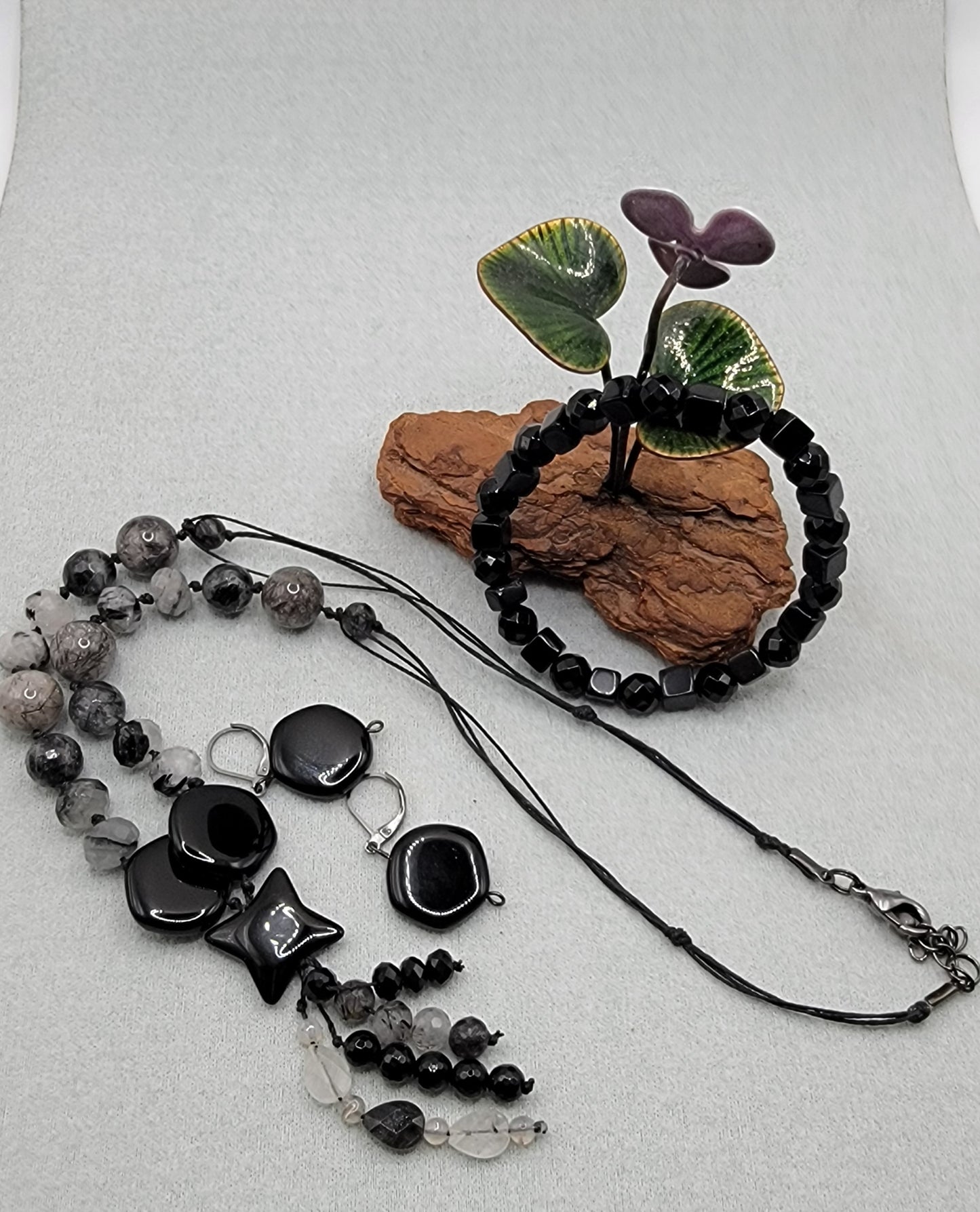 Black Onyx and Faceted Tourmaline Quartz Necklace Suite