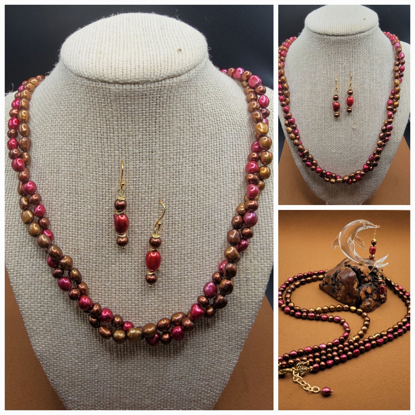 Strawberry and Chocolate Freshwater Baroque Pearl Necklace Set