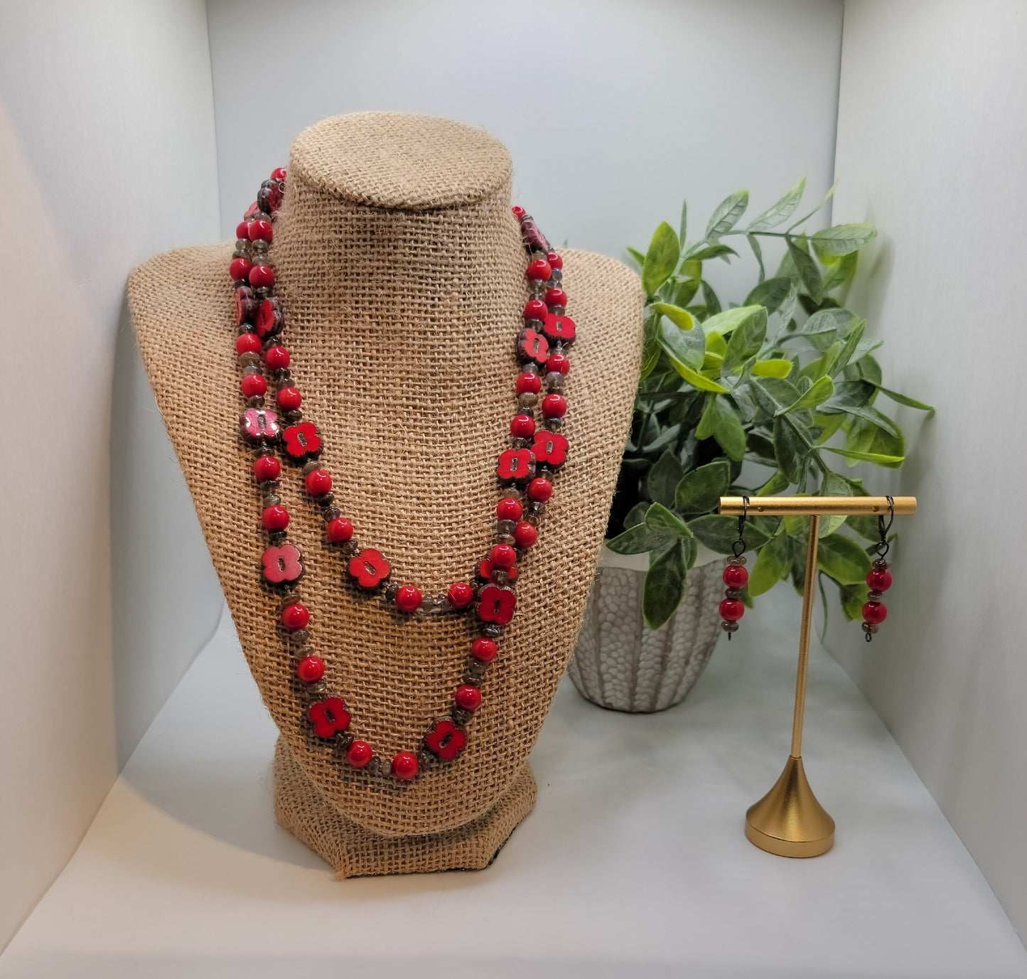 Red Coral, Labradorite and Red Marble Necklace Suite