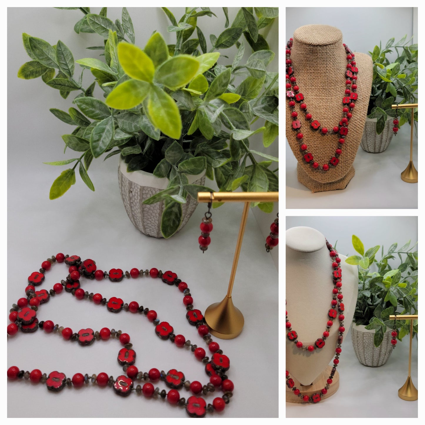 Red Coral, Labradorite and Red Marble Necklace Suite