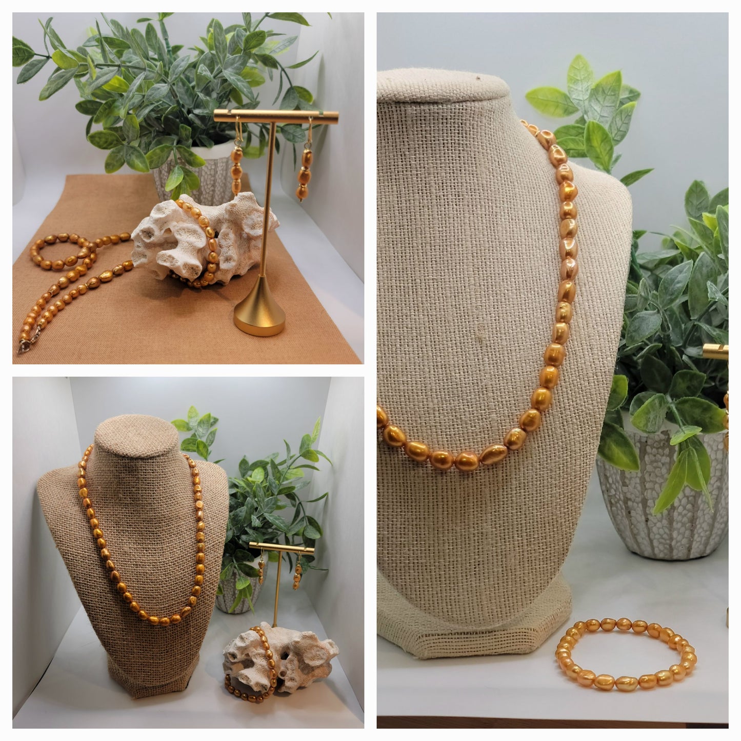 Gold Freshwater Baroque Pearl Necklace Suite