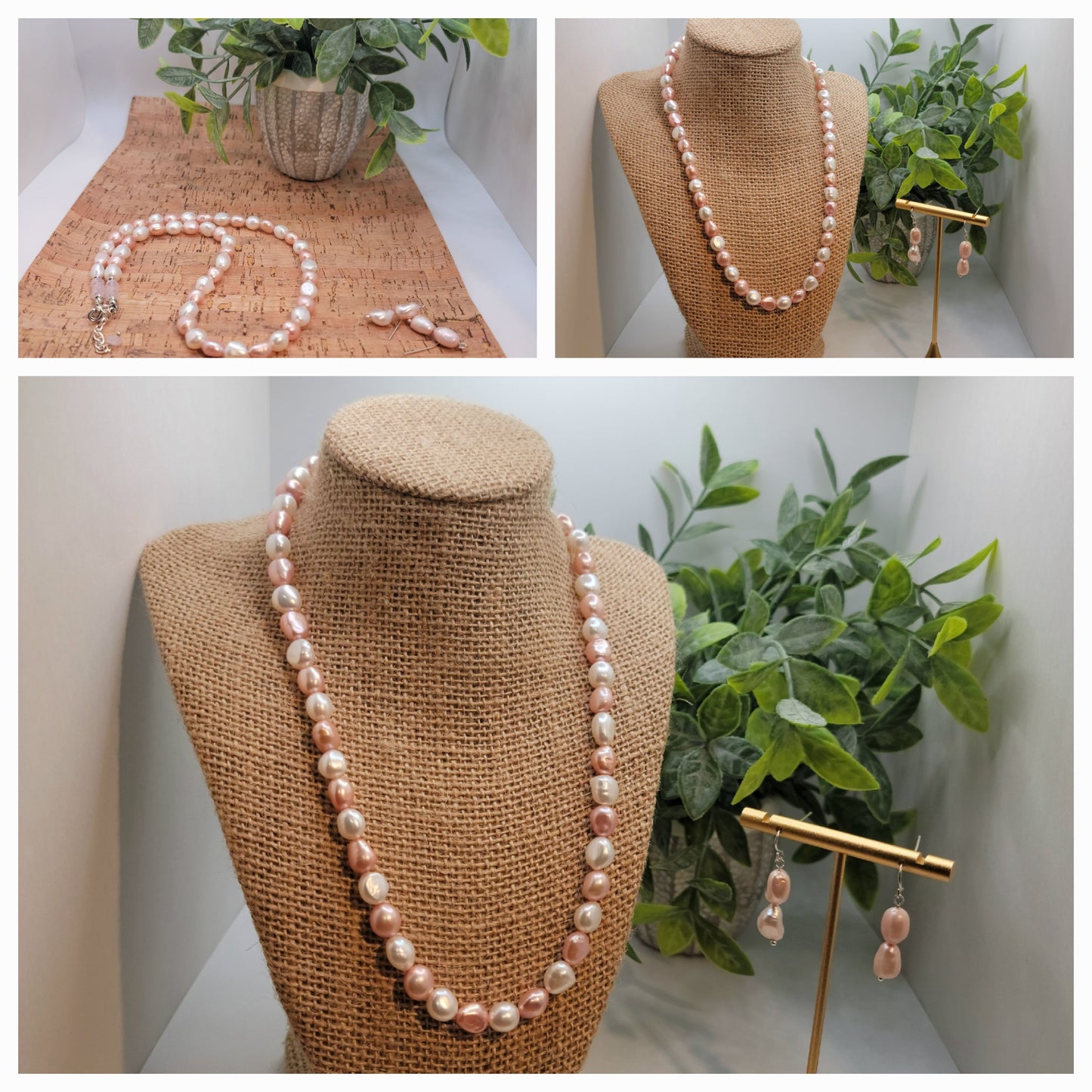 Pink and White Freshwater Baroque Pearls Necklace set