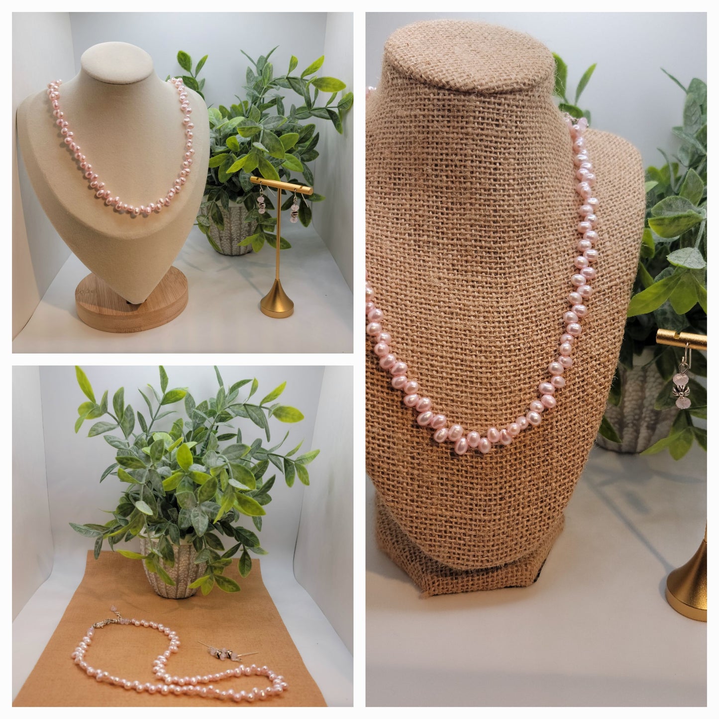 Soft Pink Freshwater Rice Pearls with Faceted Crystals Necklace Set