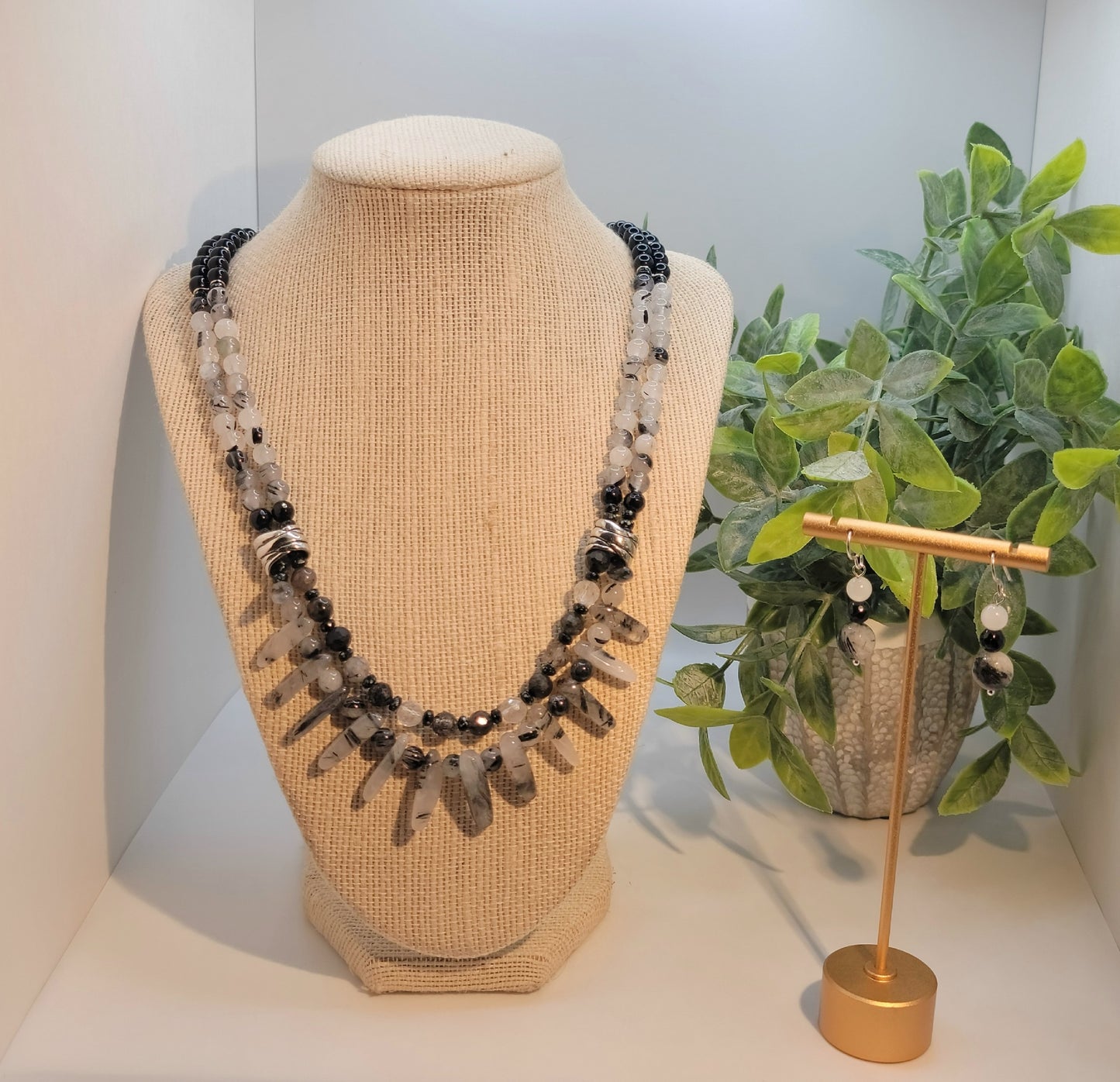 Black Onyx and Rutilated Quartz Necklace Set