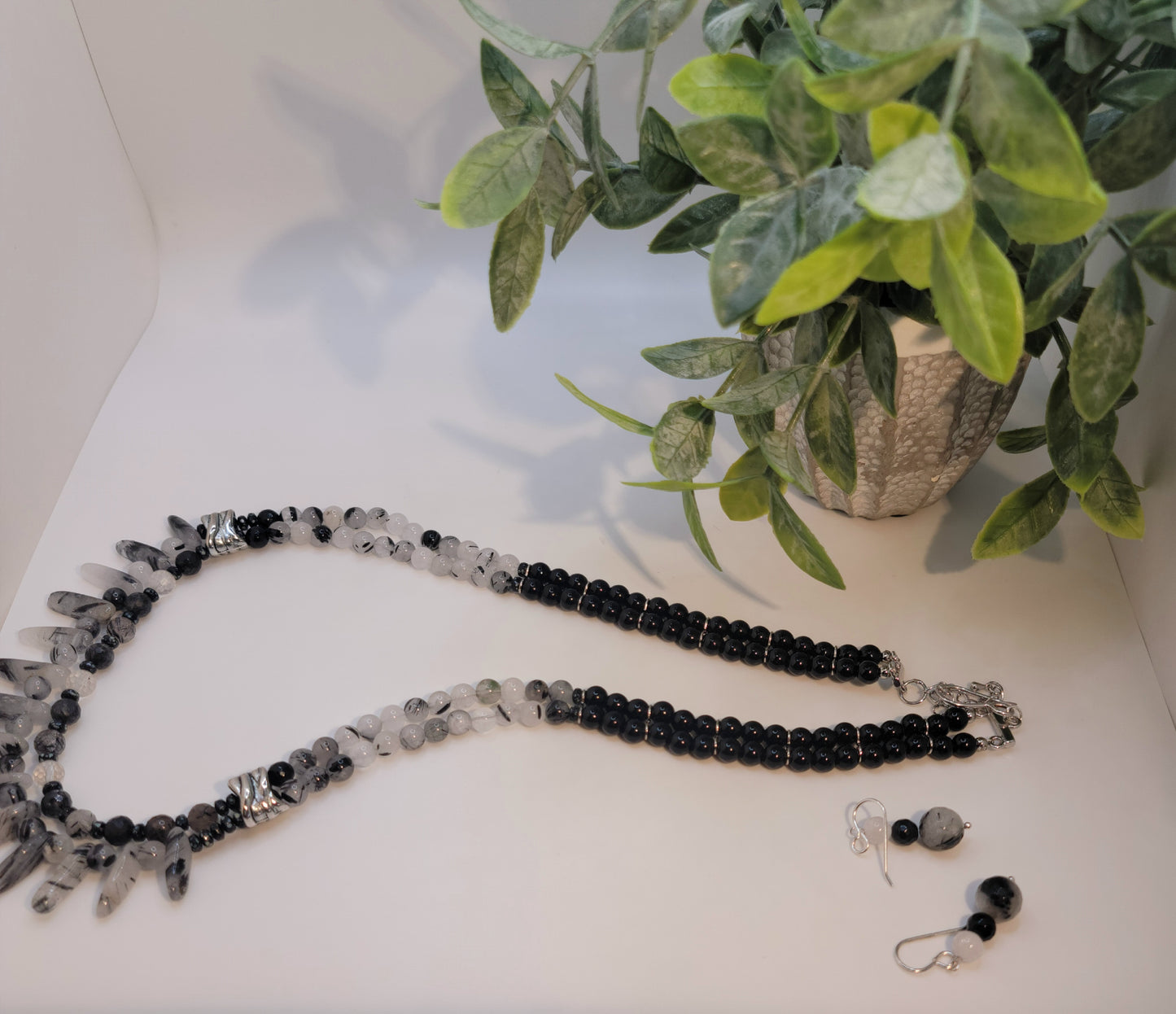 Black Onyx and Rutilated Quartz Necklace Set