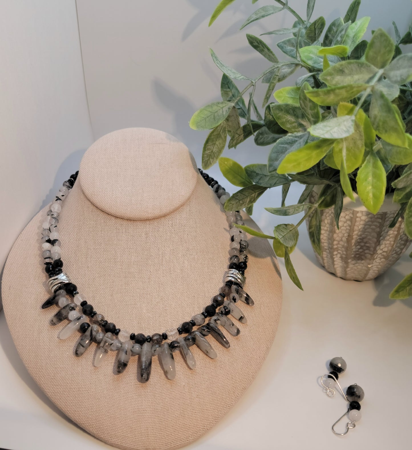 Black Onyx and Rutilated Quartz Necklace Set