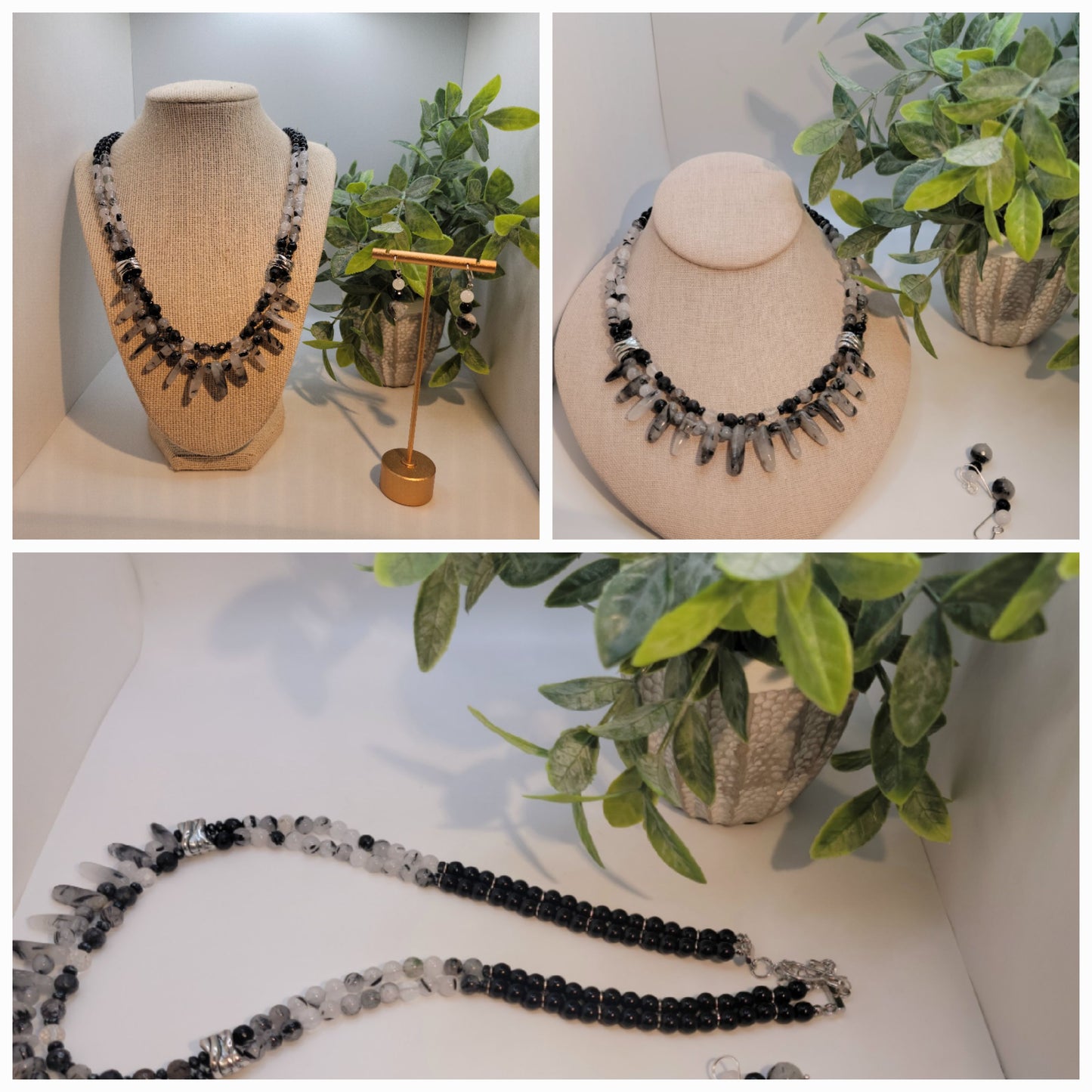 Black Onyx and Rutilated Quartz Necklace Set