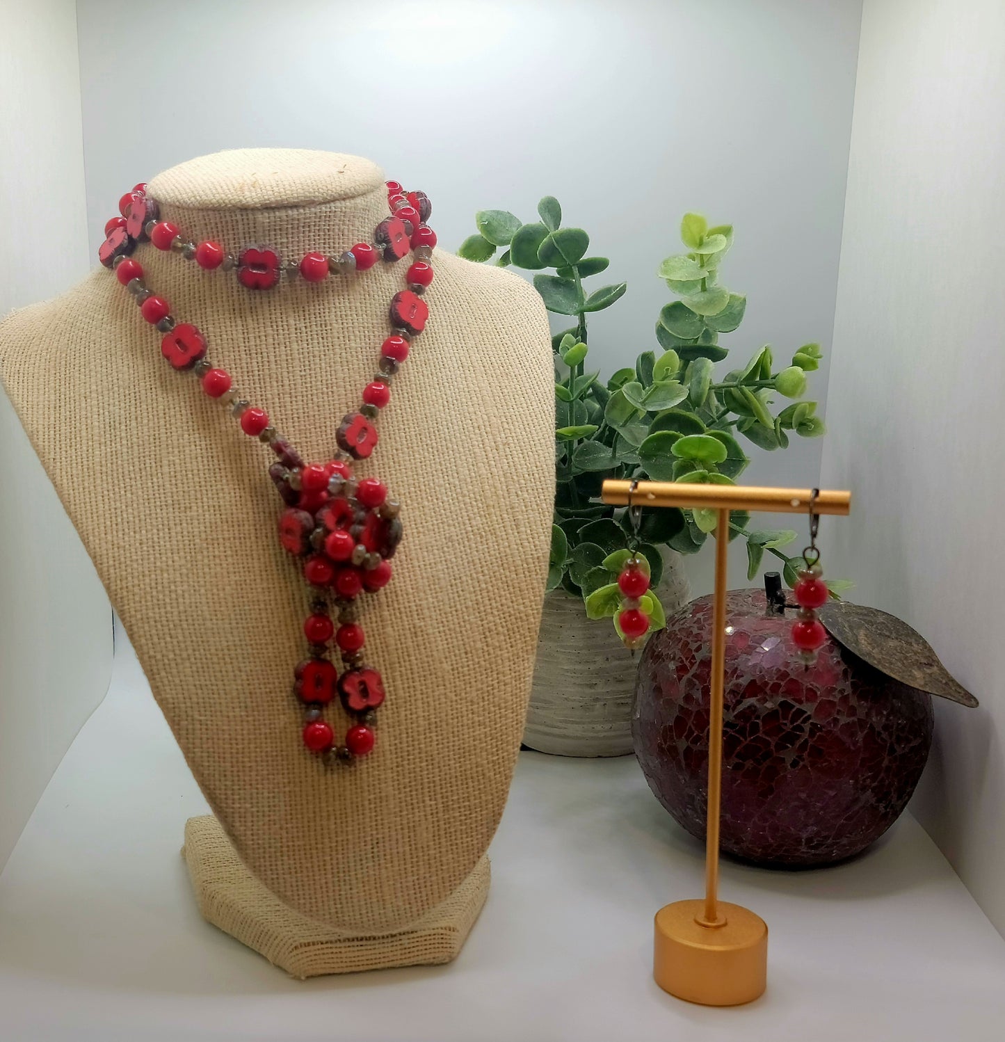 Red Coral, Labradorite and Red Marble Necklace Suite