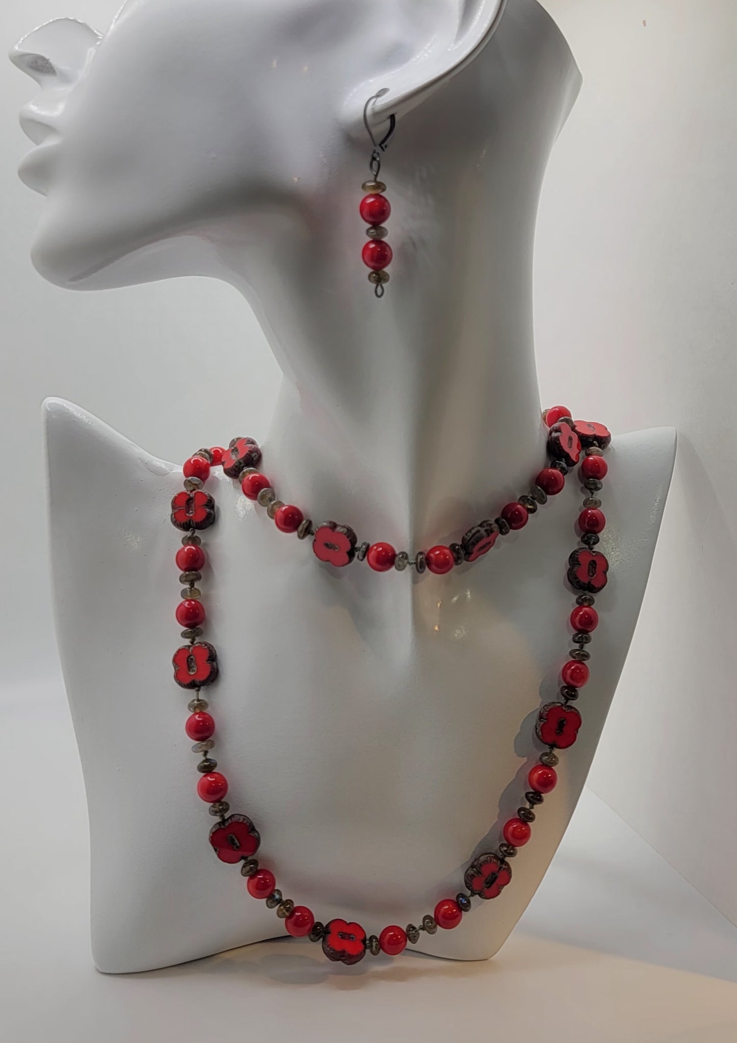 Red Coral, Labradorite and Red Marble Necklace Suite