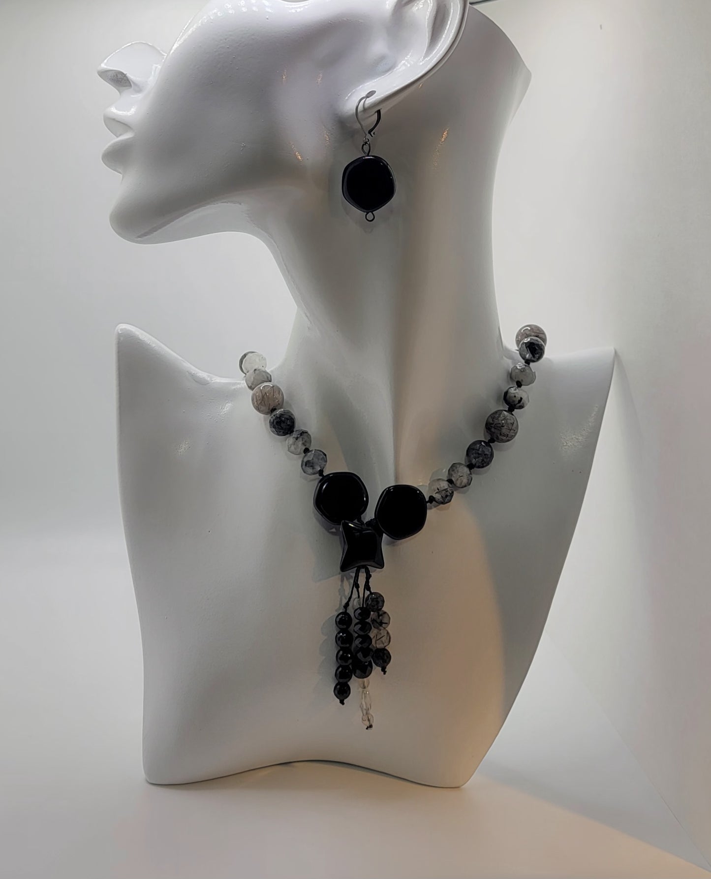 Black Onyx and Faceted Tourmaline Quartz Necklace Suite