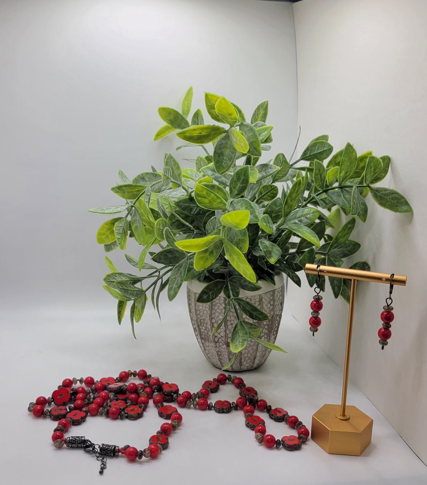 Red Coral, Labradorite and Red Marble Necklace Suite