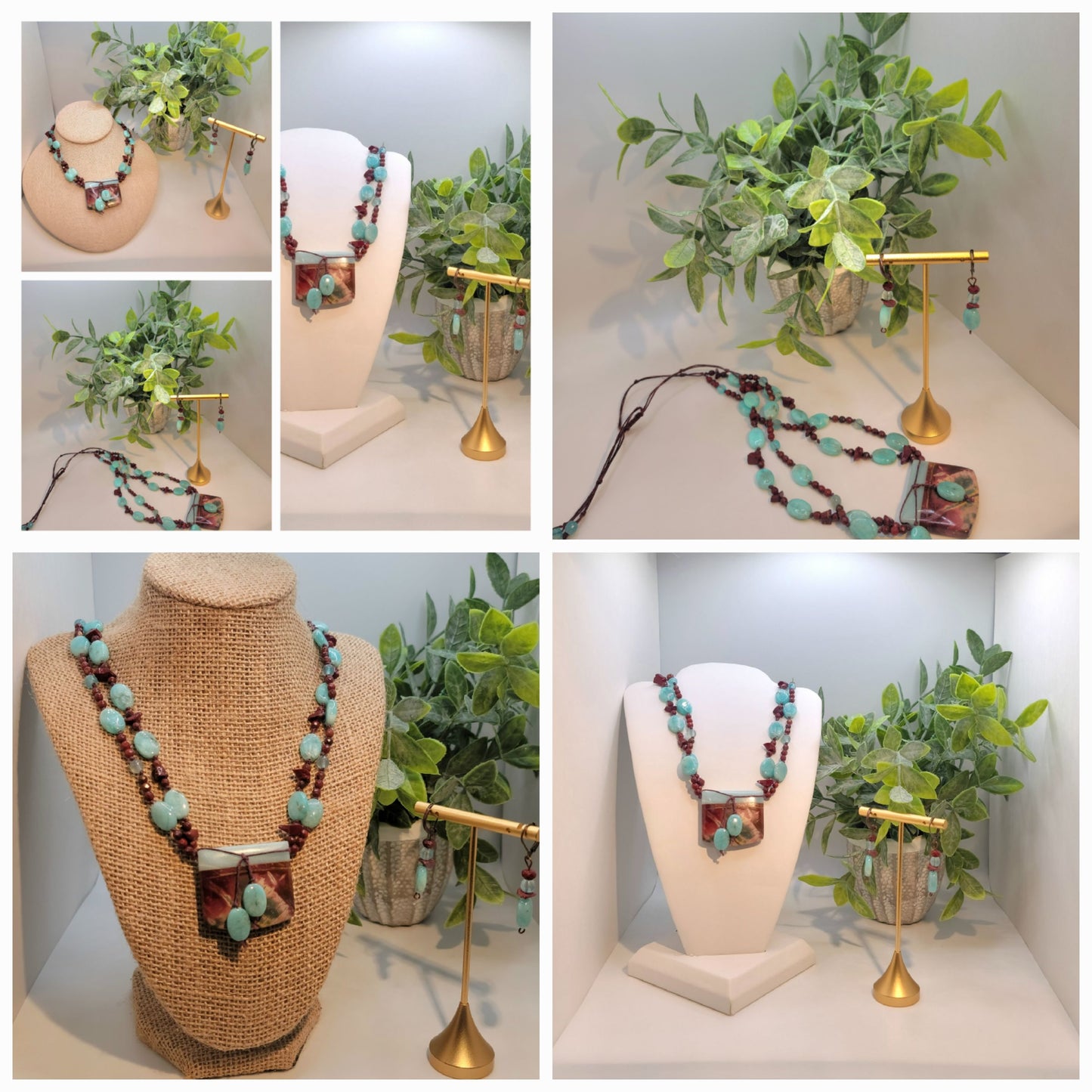 Faceted Red Jasper and Larimar Necklace Set