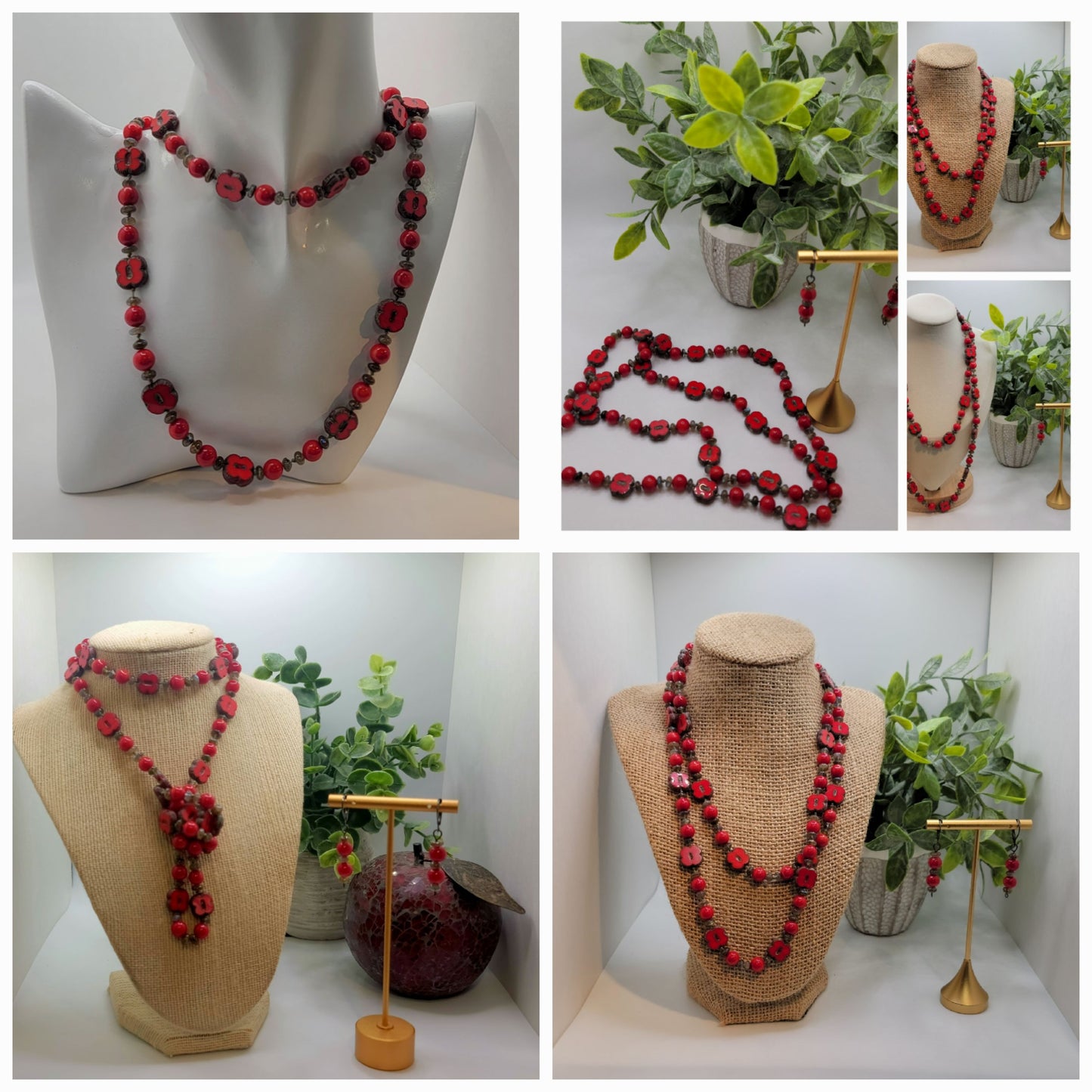 Red Coral, Labradorite and Red Marble Necklace Suite