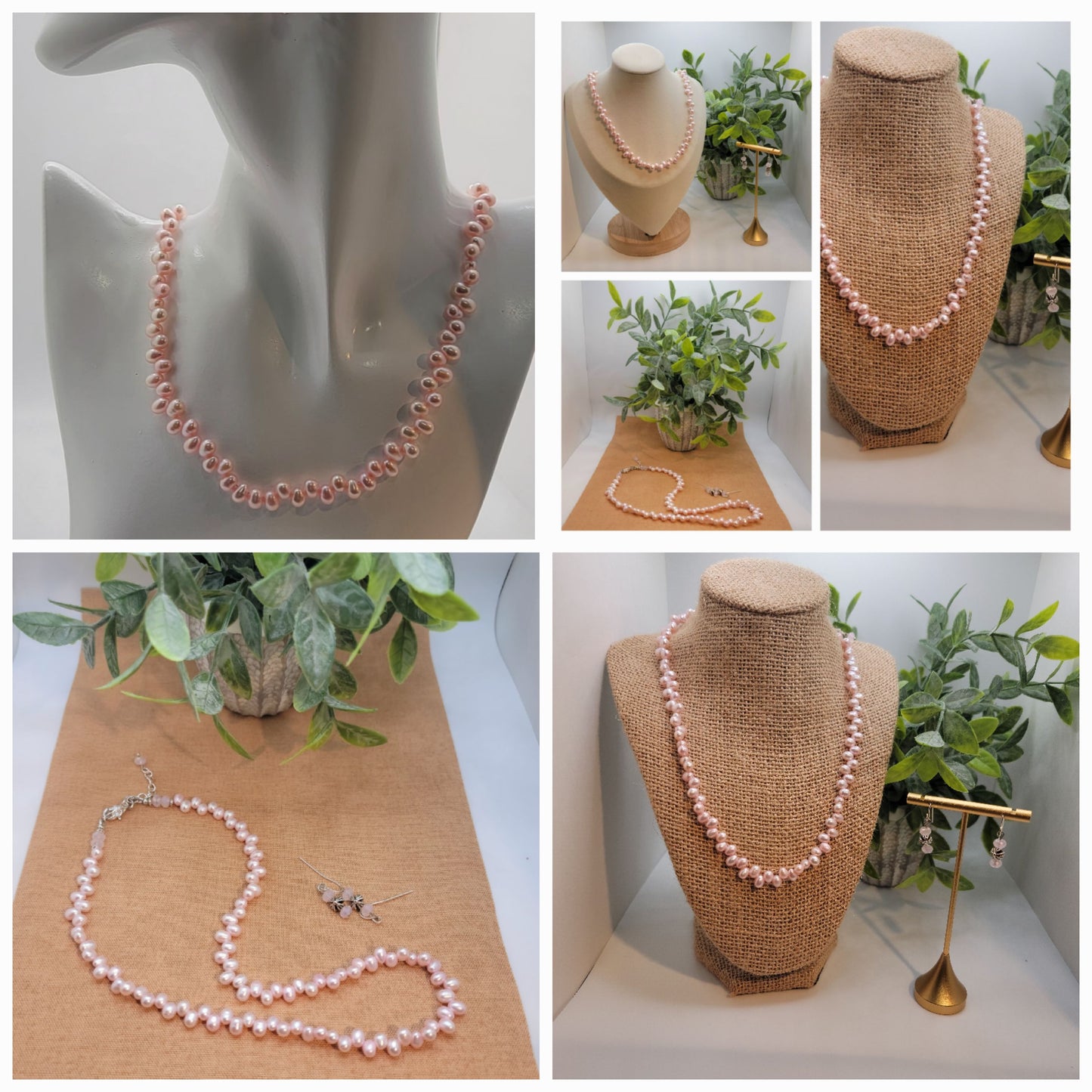 Soft Pink Freshwater Rice Pearls with Faceted Crystals Necklace Set