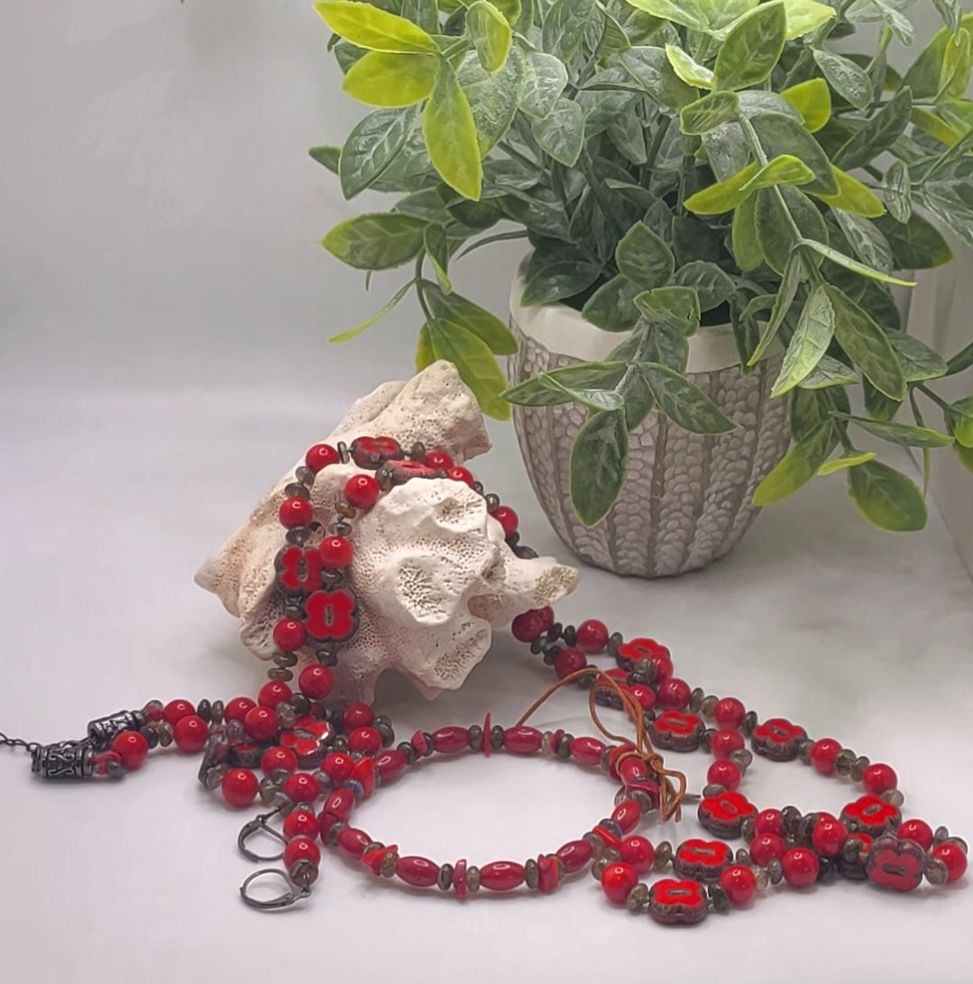 Red Coral, Labradorite and Red Marble Necklace Suite