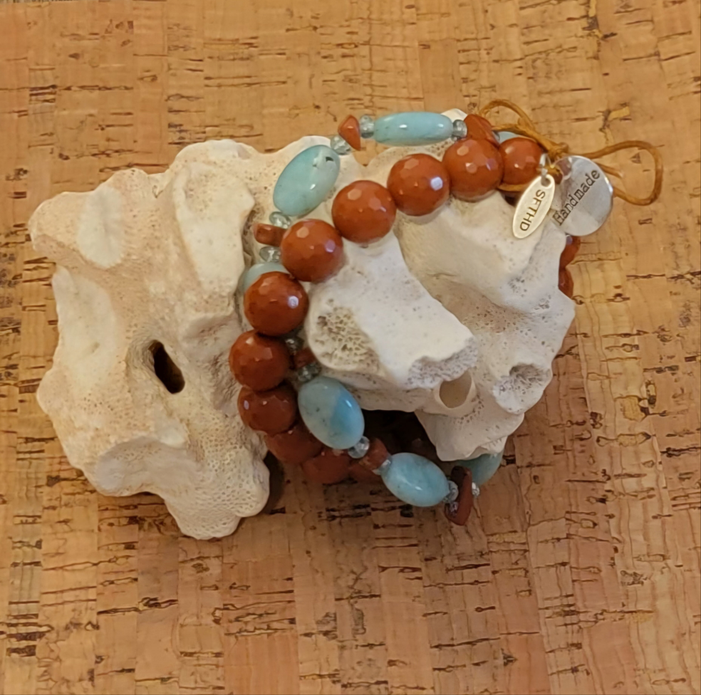 Faceted Red Jasper and Larimar Double Bracelet