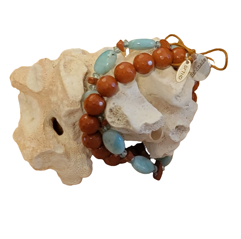 Faceted Red Jasper and Larimar Double Bracelet